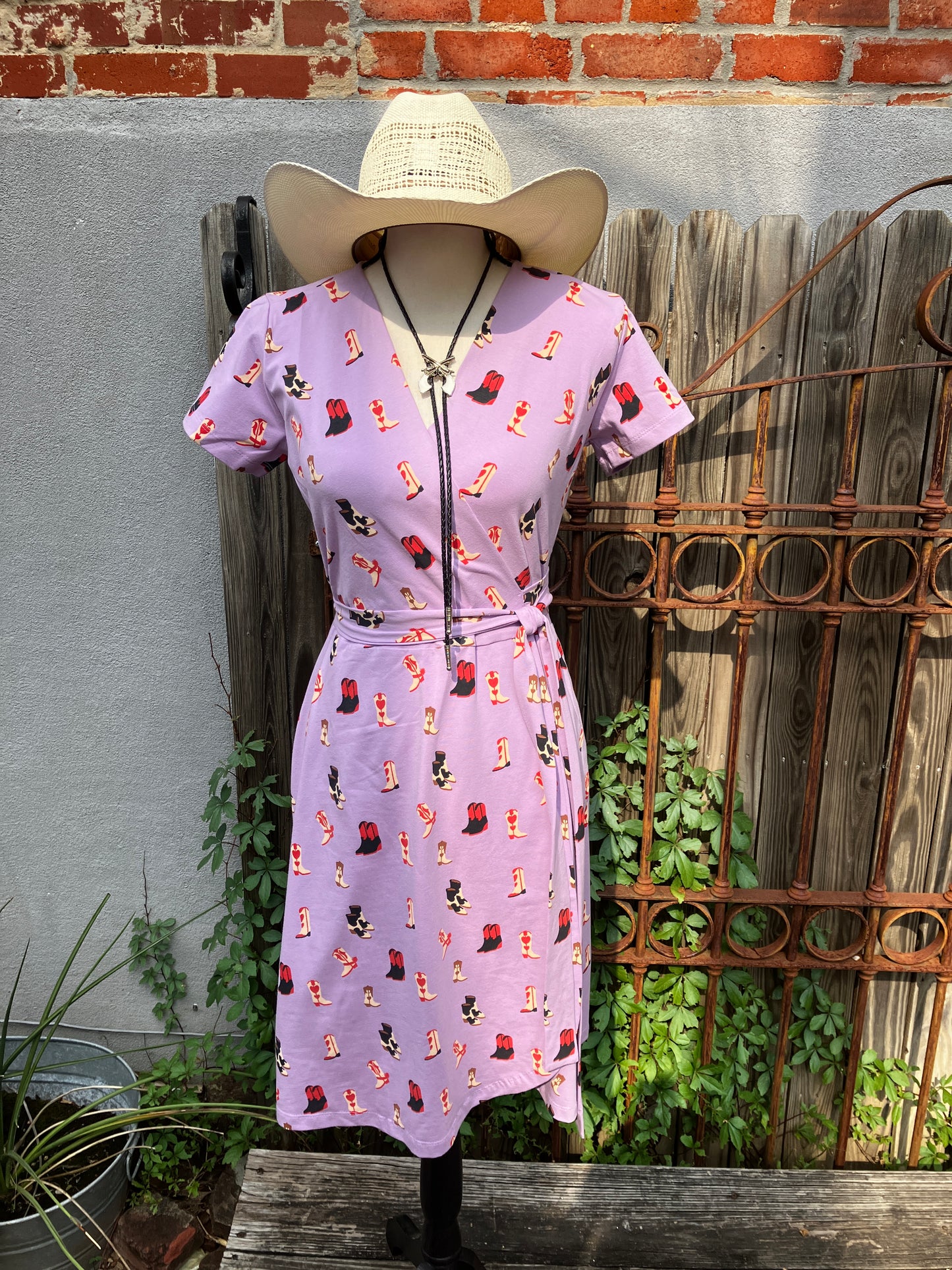 Lavender Boot Print Wrap Dress