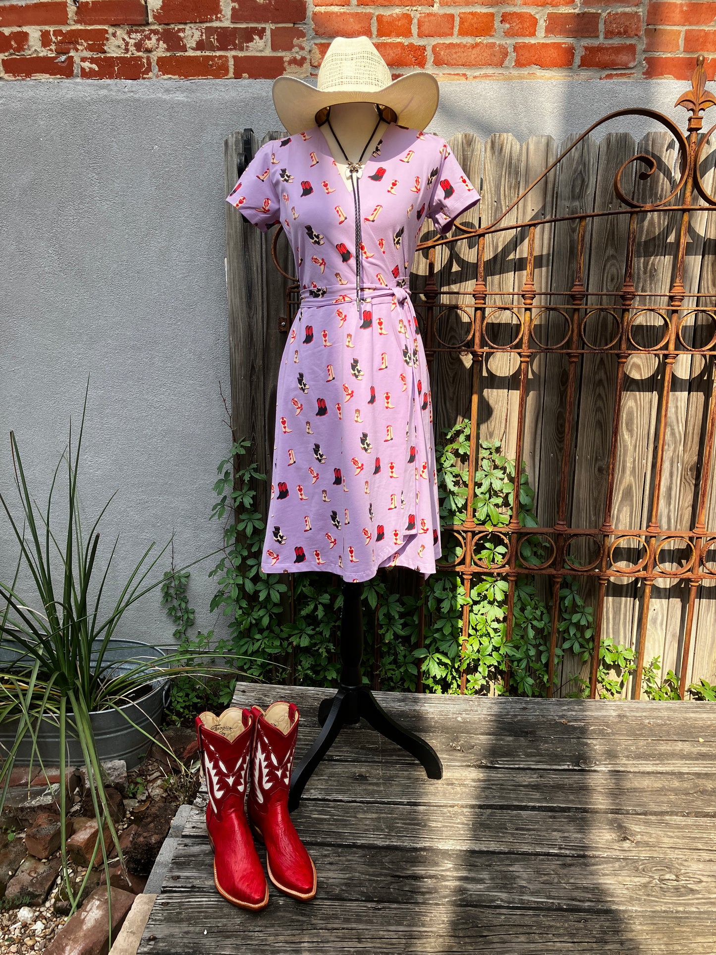 Lavender Boot Print Wrap Dress