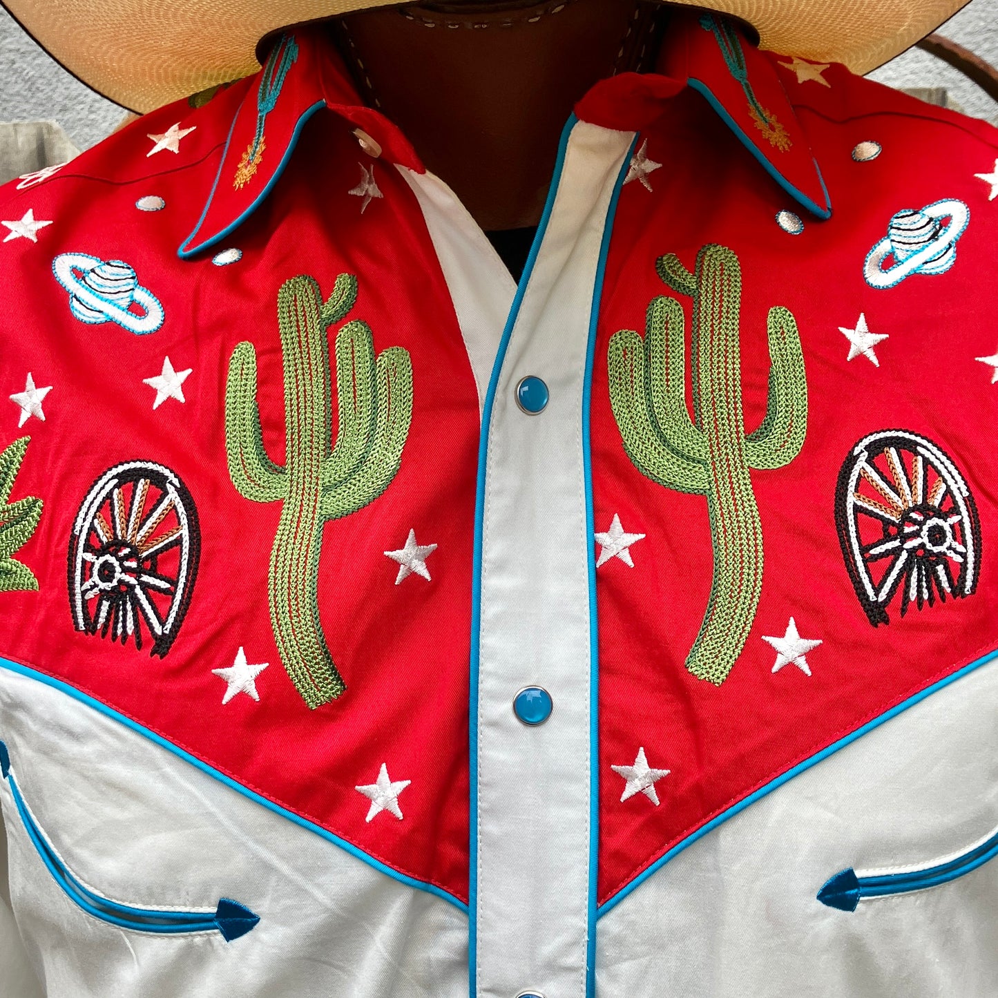 6707 Men's Red Western Space Scene Chain Stitched Shirt