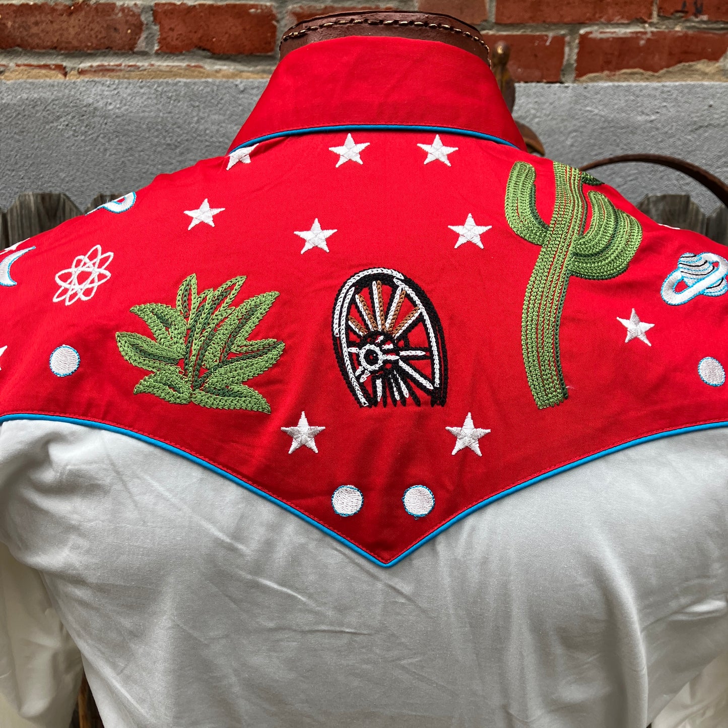 6707 Men's Red Western Space Scene Chain Stitched Shirt