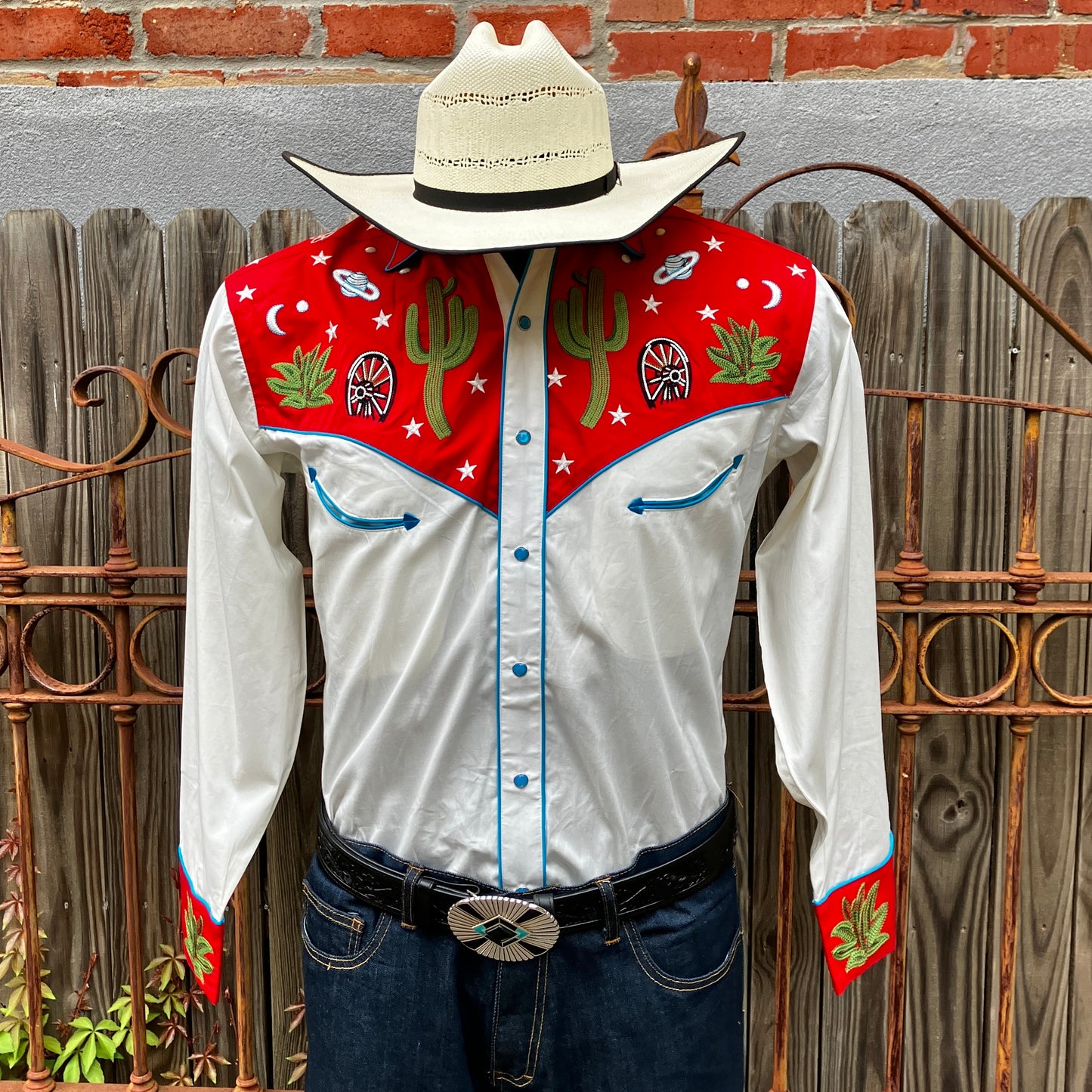 6707 Men's Red Western Space Scene Chain Stitched Shirt