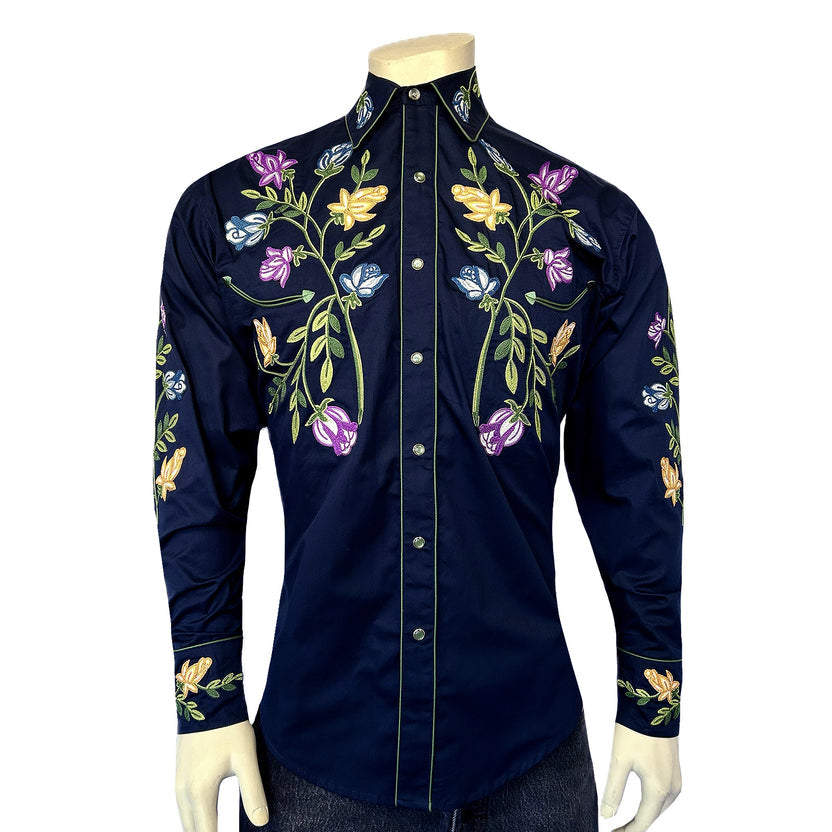 6843 Men's Vintage Navy Floral Crochet Embroidered Western Shirt
