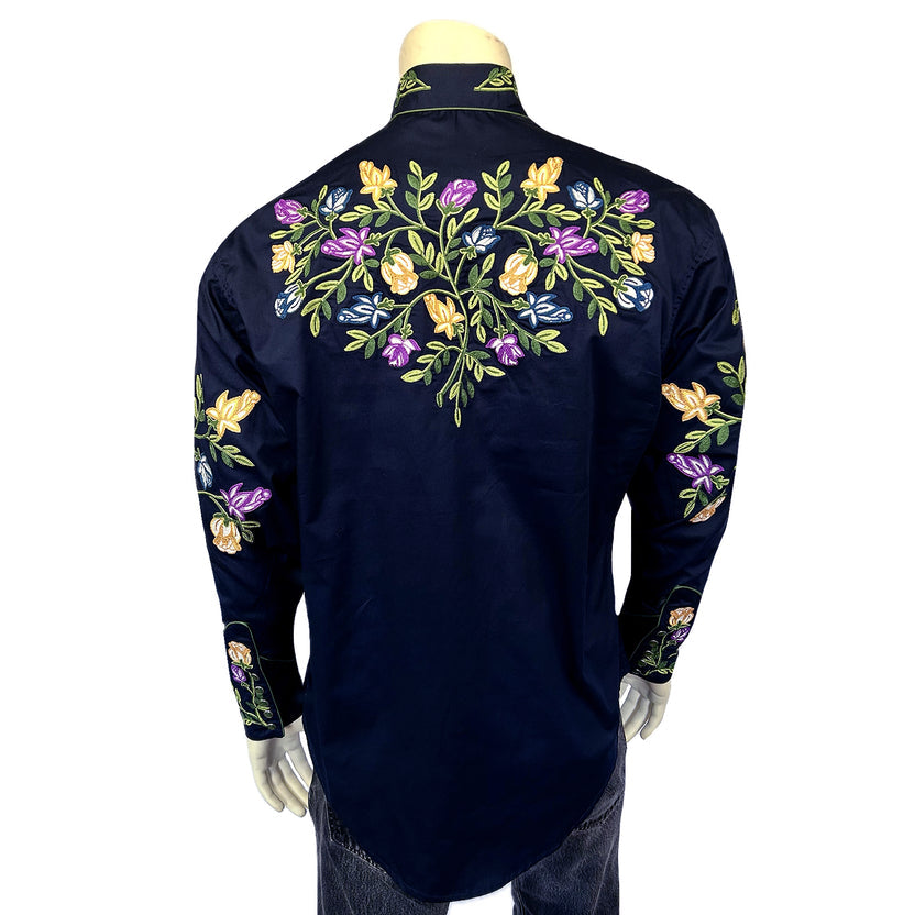 6843 Men's Vintage Navy Floral Crochet Embroidered Western Shirt