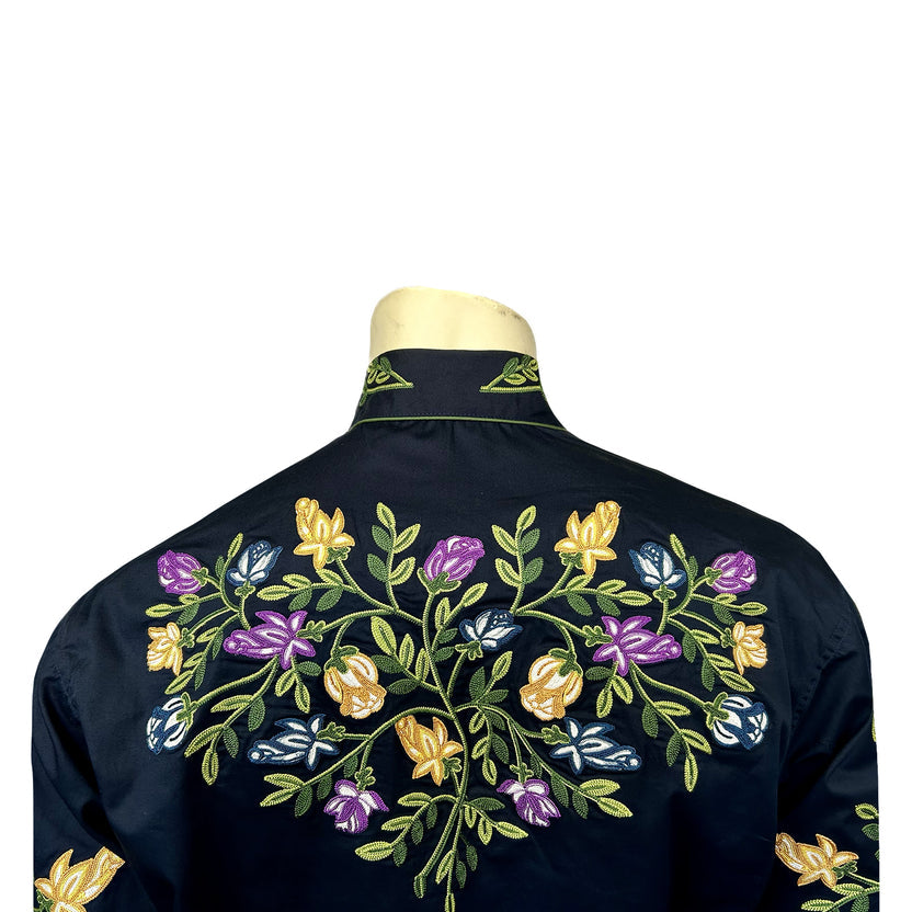 6843 Men's Vintage Navy Floral Crochet Embroidered Western Shirt