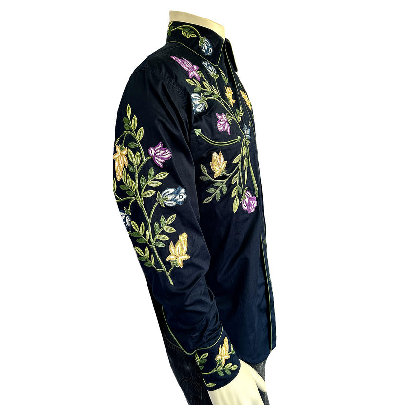 6843 Men's Vintage Navy Floral Crochet Embroidered Western Shirt