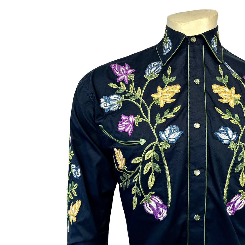 6843 Men's Vintage Navy Floral Crochet Embroidered Western Shirt