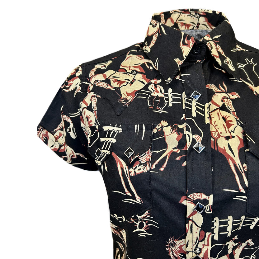 1724 Women’s Vintage Bronc Print Short Sleeve Black Western Shirt