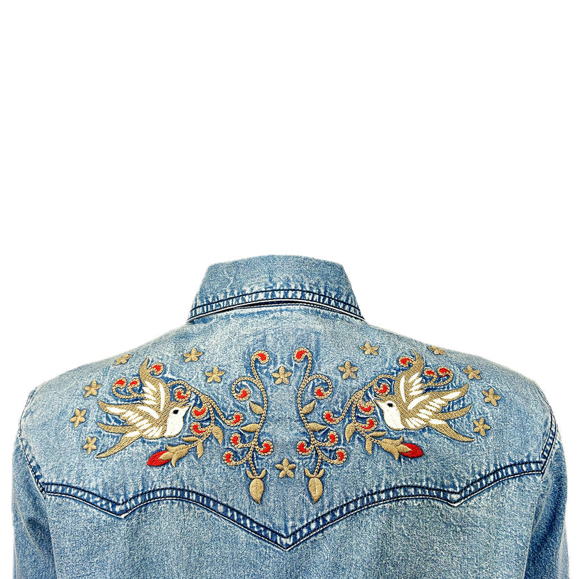 Women's Flying Swallows Embroidered Denim Western Shirt Dress