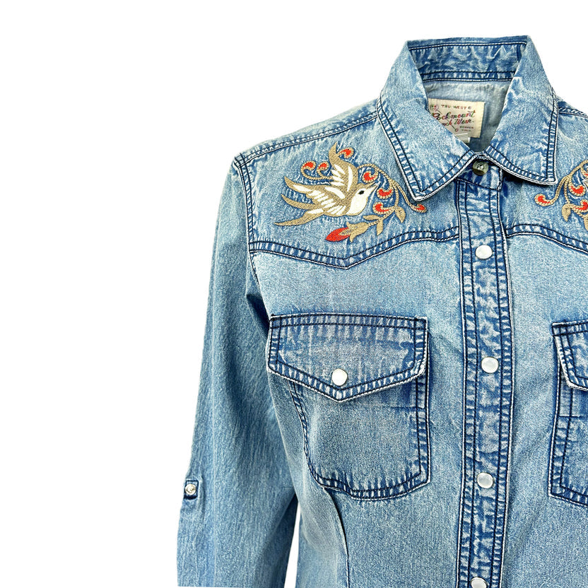 Women's Flying Swallows Embroidered Denim Western Shirt Dress
