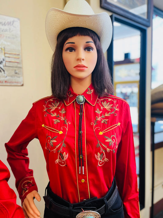 7762 Women's Red Vintage Variegated Floral Embroidery