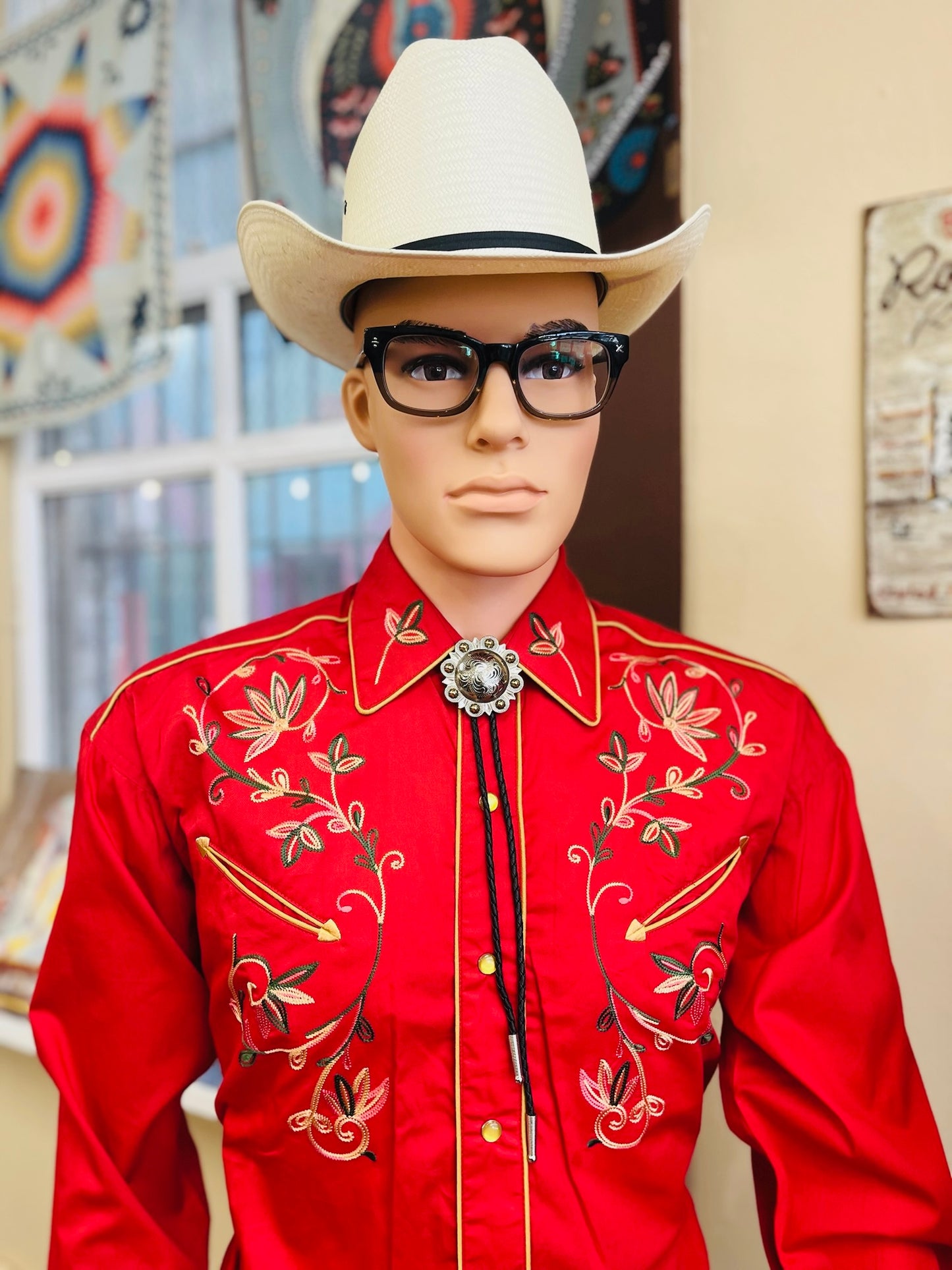6762 Men's Red Variegated Floral Embroidery