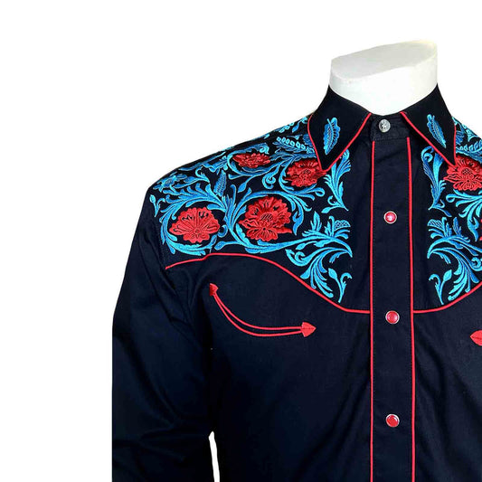 6735 Men’s Black Vintage Western Shirt with Red Floral & Turquoise Embroidery