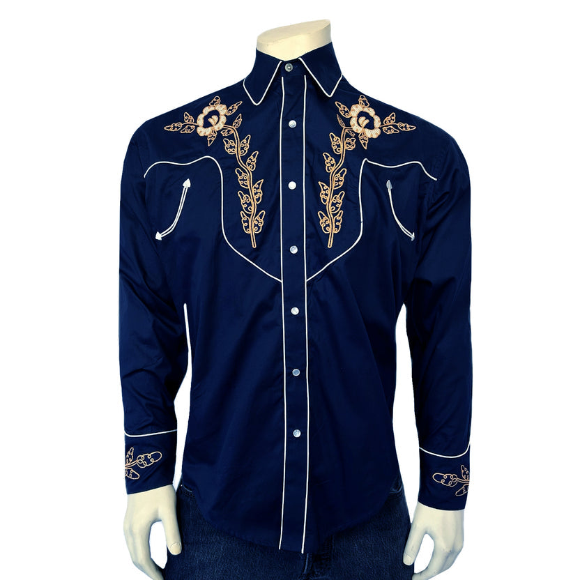 6845 Men's Navy Vintage Floral Embroidered Western Shirt