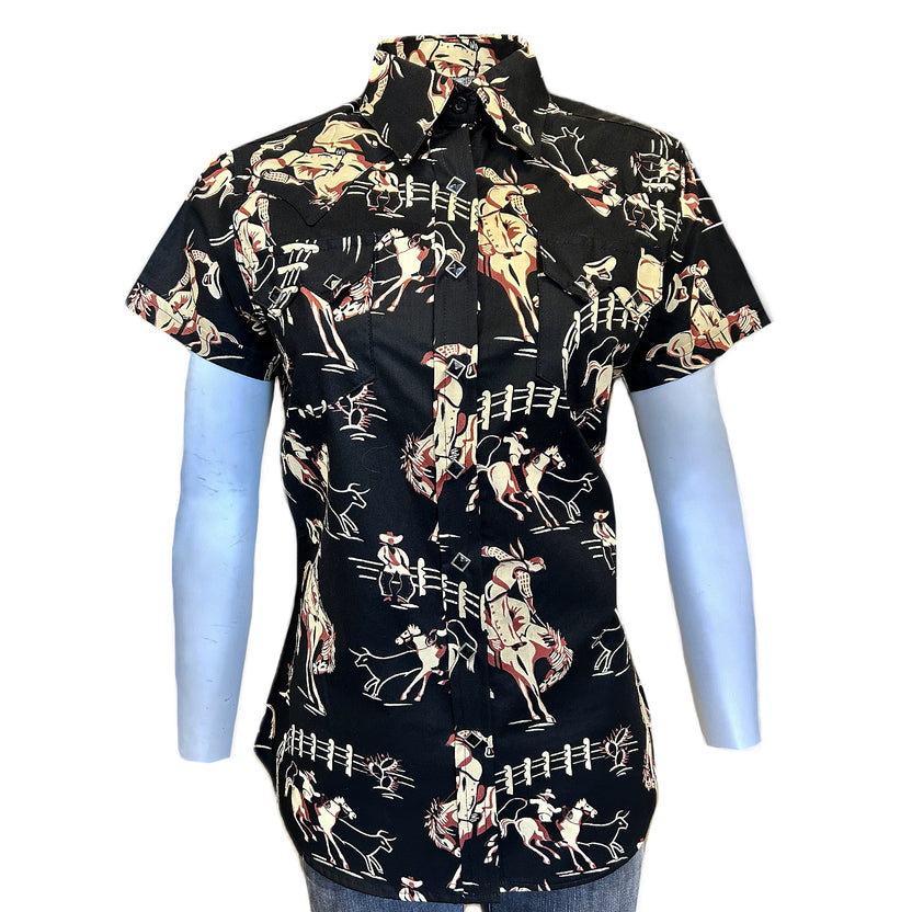 1724 Women’s Vintage Bronc Print Short Sleeve Black Western Shirt