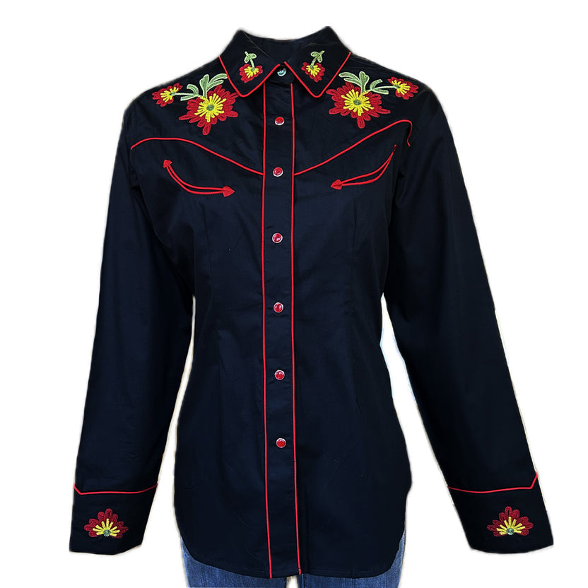 7811 Women's Black Vintage Floral Embroidered Western Shirt