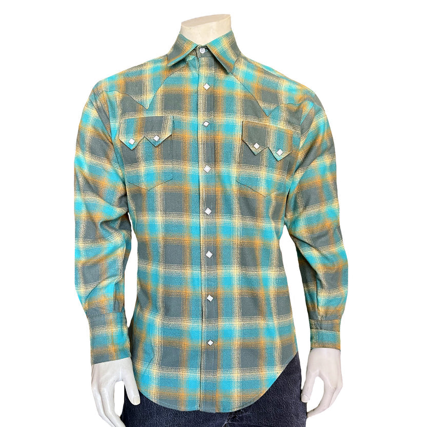 647 Men's Flannel Green & Turquoise Plaid Western Shirt