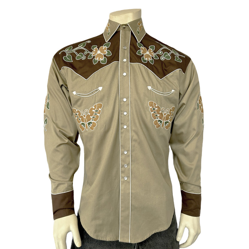 6702 Men's Tan Floral Butterfly Embroidered Western Shirt