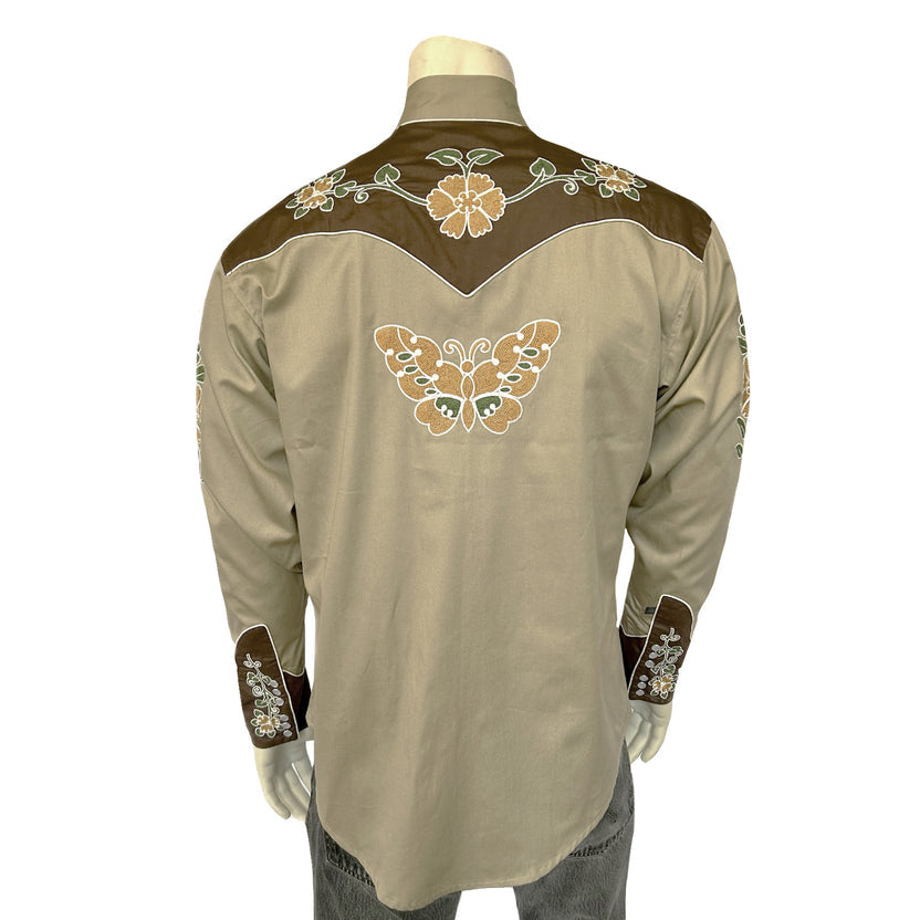 6702 Men's Tan Floral Butterfly Embroidered Western Shirt