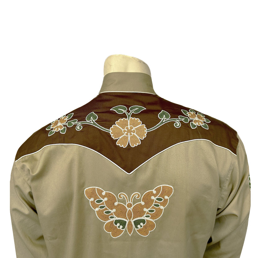 6702 Men's Tan Floral Butterfly Embroidered Western Shirt