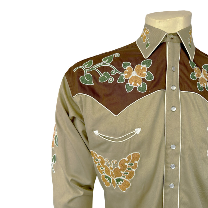 6702 Men's Tan Floral Butterfly Embroidered Western Shirt