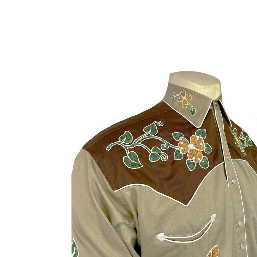 6702 Men's Tan Floral Butterfly Embroidered Western Shirt