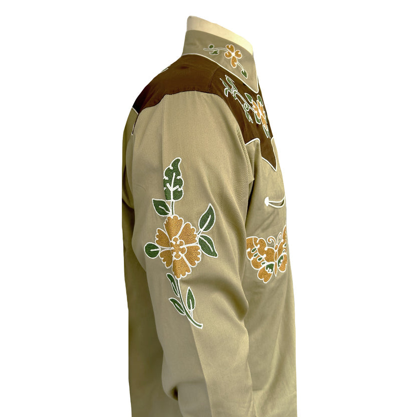 6702 Men's Tan Floral Butterfly Embroidered Western Shirt