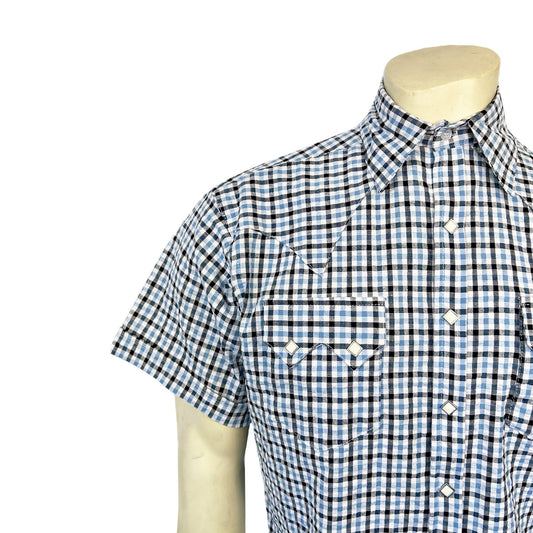 1604 Men's Blue Seersucker Windowpane Check Short Sleeve Western Shirt