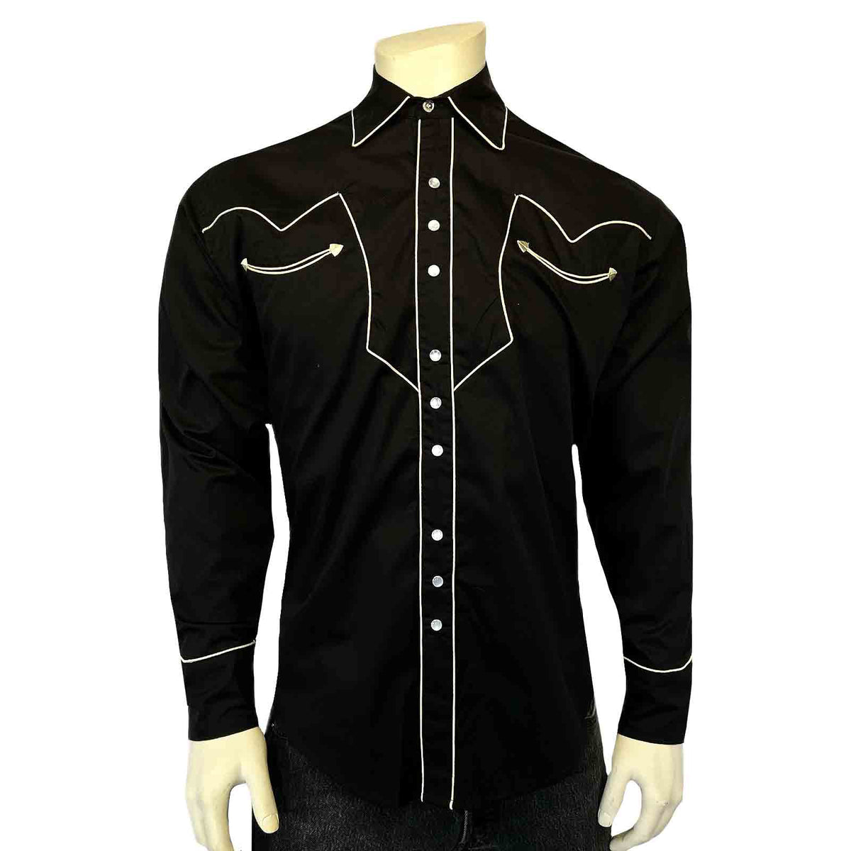 6798 Men's Vintage Solid Black Western Shirt with Piped Lightning Yokes
