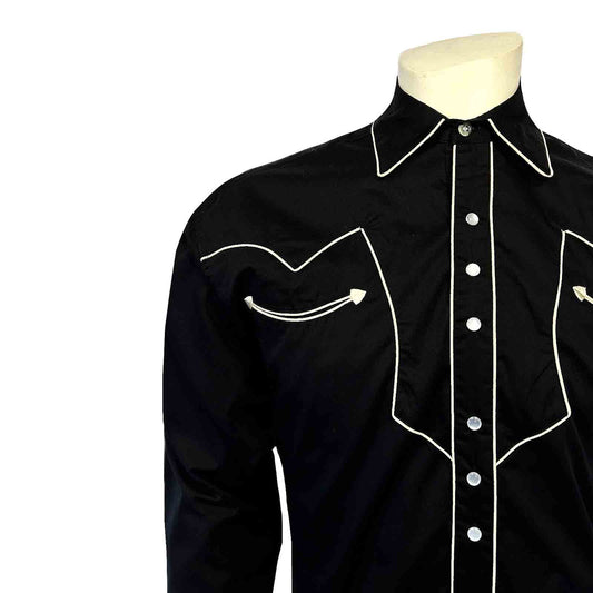 6798 Men's Vintage Solid Black Western Shirt with Piped Lightning Yokes