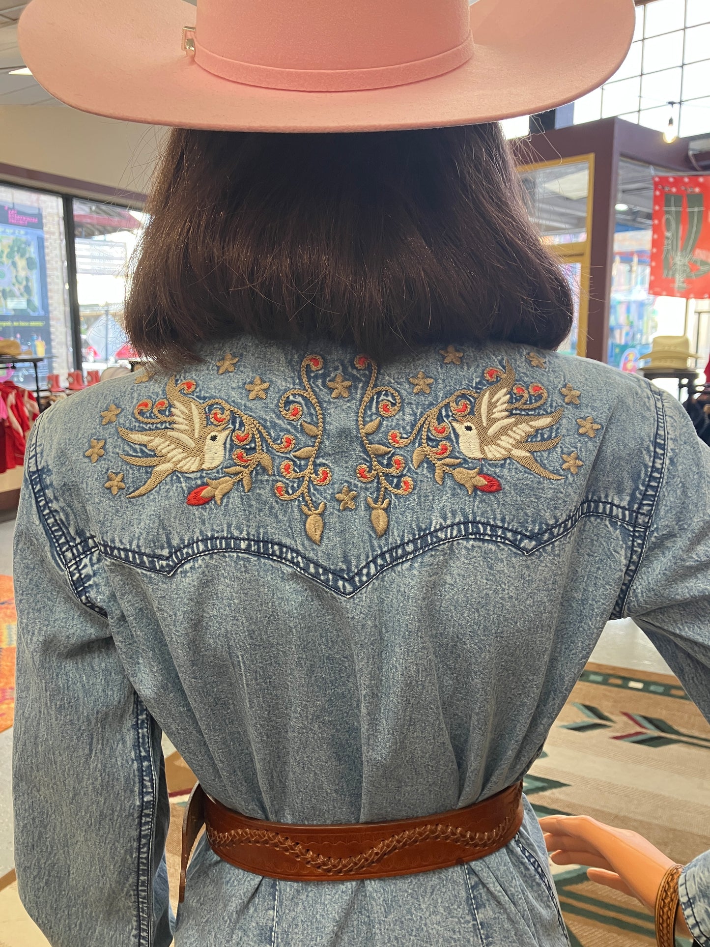 Women's Flying Swallows Embroidered Denim Western Shirt Dress
