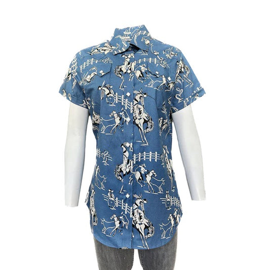 1724 Women’s Vintage Bronc Print Short Sleeve Blue Western Shirt