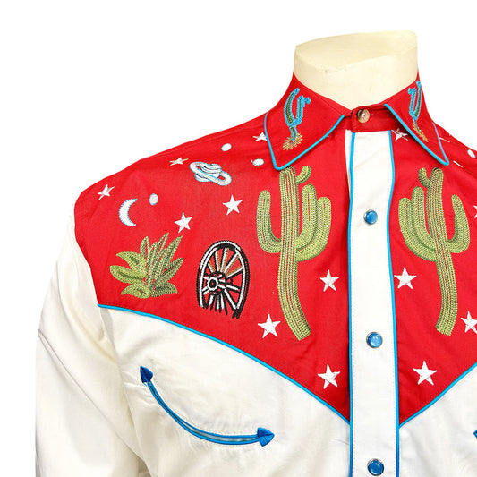 6707 Men's Red Western Space Scene Chain Stitched Shirt